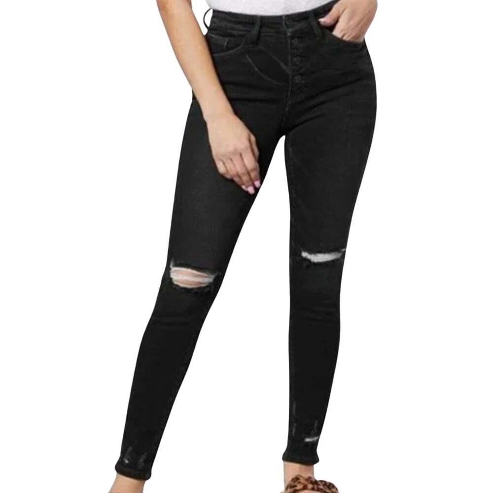 Kancan Kurvy Mid-Rise Black Rinse Distressed Ankle Skinny Button Fly Jeans Sz 29